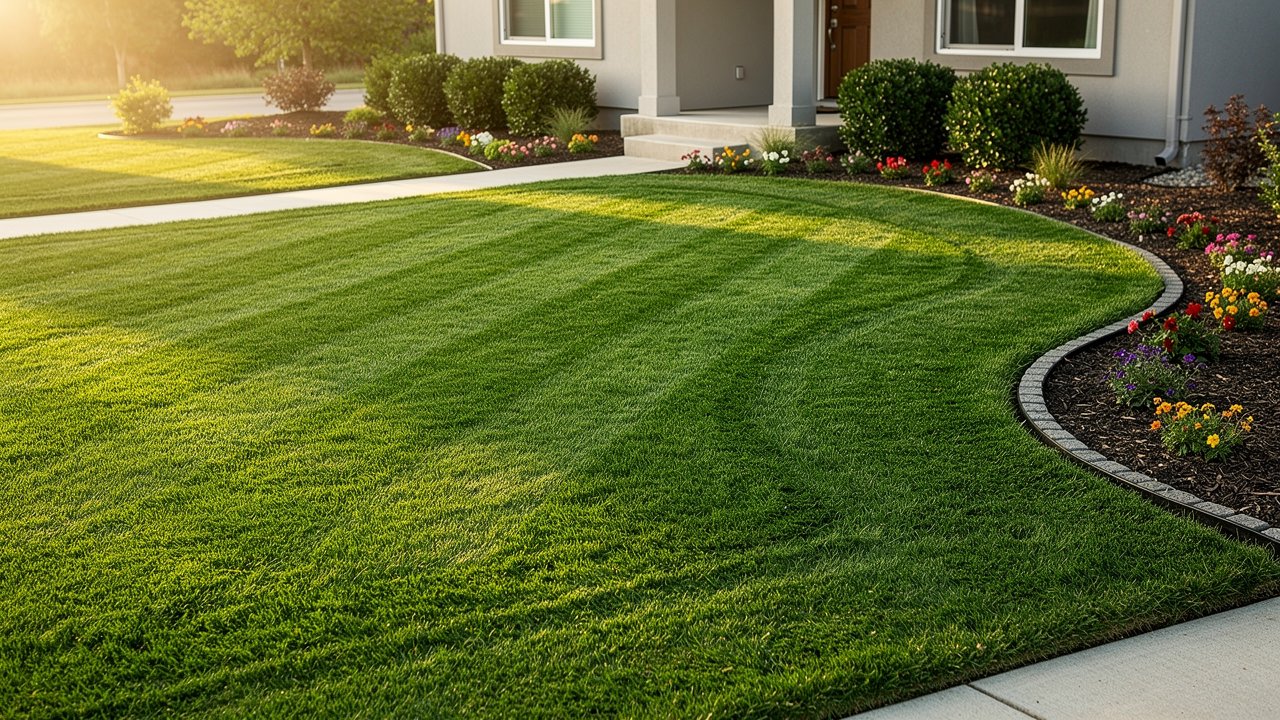 Professionally maintained residential lawn with clean stripes