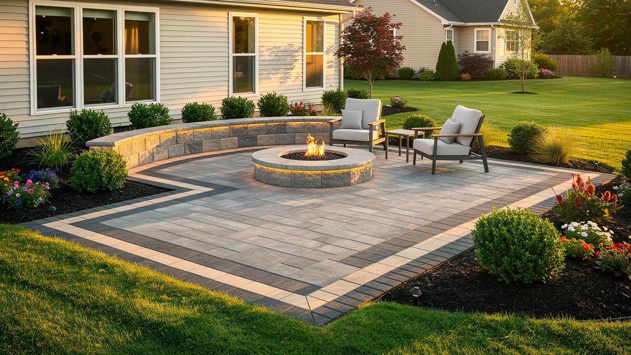 Custom paver patio with built-in fire pit and seat wall