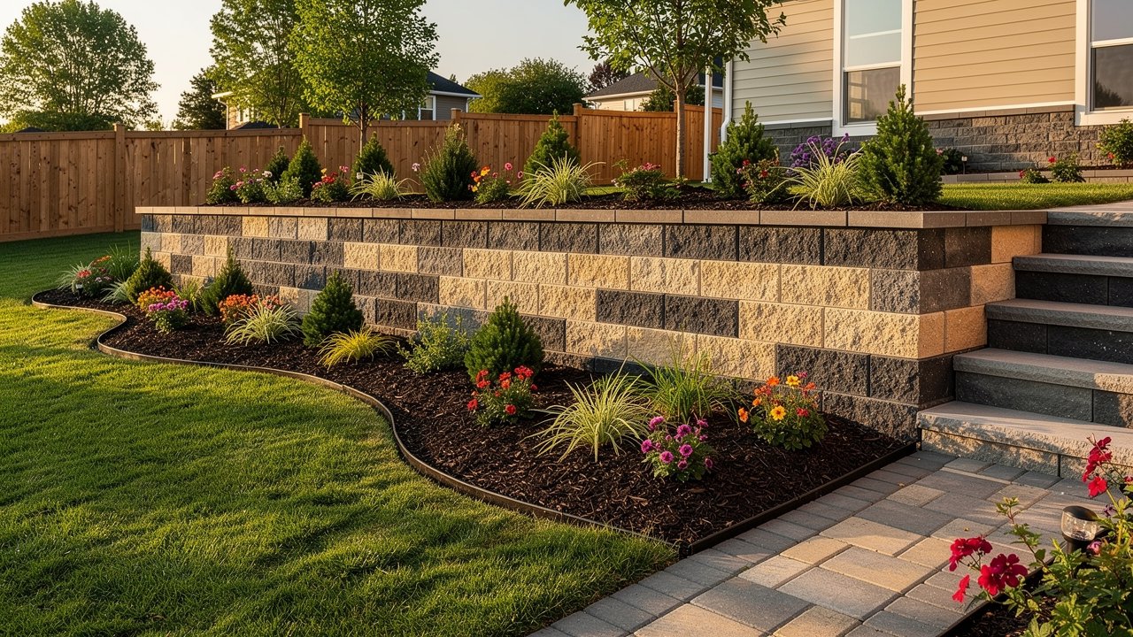 Custom retaining wall with stairs and landscaping